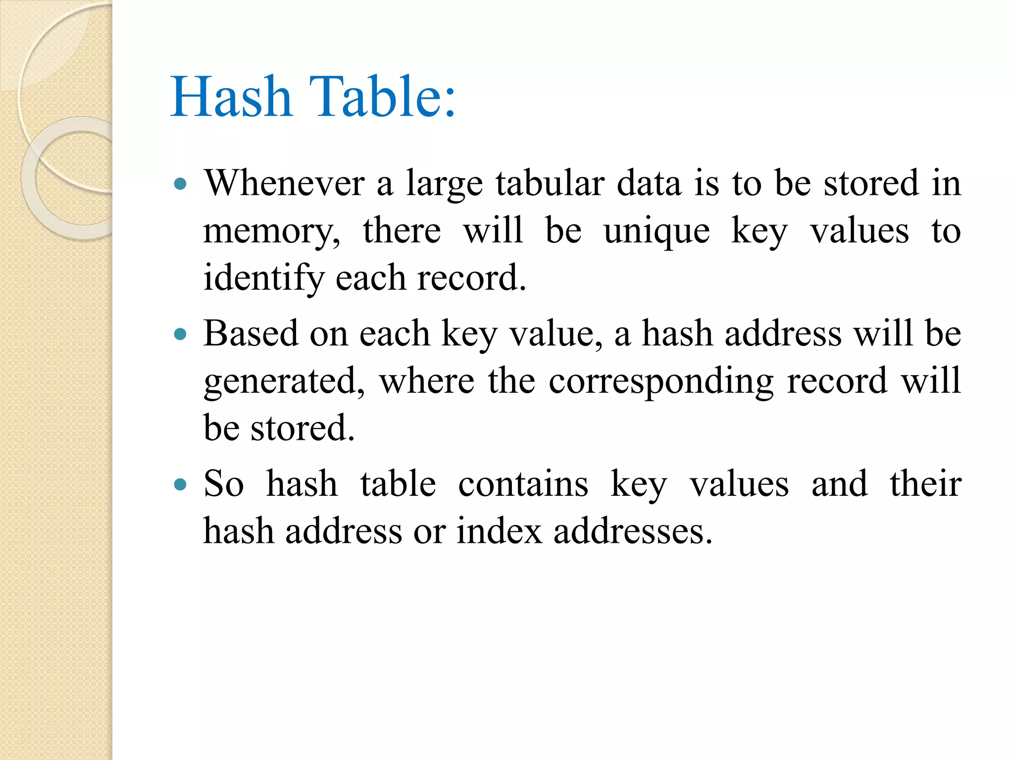 Hash Table:
 Whenever a large tabular data is to be stored in
memory, there will be unique key values to
identify each record.
 Based on each key value, a hash address will be
generated, where the corresponding record will
be stored.
 So hash table contains key values and their
hash address or index addresses.
 