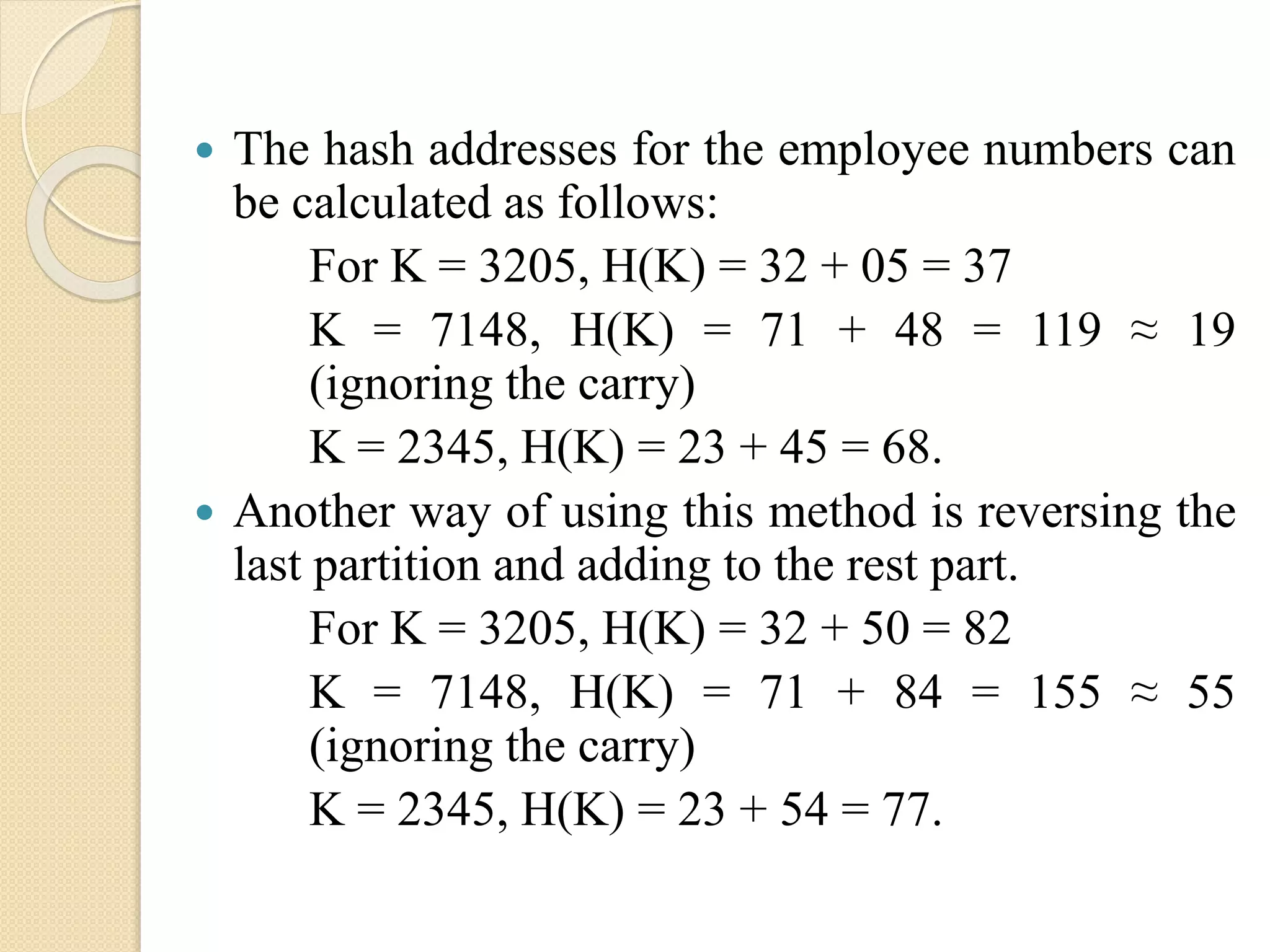  The hash addresses for the employee numbers can
be calculated as follows:
For K = 3205, H(K) = 32 + 05 = 37
K = 7148, H(K) = 71 + 48 = 119 ≈ 19
(ignoring the carry)
K = 2345, H(K) = 23 + 45 = 68.
 Another way of using this method is reversing the
last partition and adding to the rest part.
For K = 3205, H(K) = 32 + 50 = 82
K = 7148, H(K) = 71 + 84 = 155 ≈ 55
(ignoring the carry)
K = 2345, H(K) = 23 + 54 = 77.
 