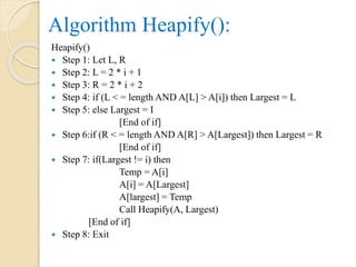 Algorithm Heapify():
Heapify()
 Step 1: Let L, R
 Step 2: L = 2 * i + 1
 Step 3: R = 2 * i + 2
 Step 4: if (L < = length AND A[L] > A[i]) then Largest = L
 Step 5: else Largest = I
[End of if]
 Step 6:if (R < = length AND A[R] > A[Largest]) then Largest = R
[End of if]
 Step 7: if(Largest != i) then
Temp = A[i]
A[i] = A[Largest]
A[largest] = Temp
Call Heapify(A, Largest)
[End of if]
 Step 8: Exit
 