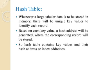 Hash Table:
 Whenever a large tabular data is to be stored in
memory, there will be unique key values to
identify each record.
 Based on each key value, a hash address will be
generated, where the corresponding record will
be stored.
 So hash table contains key values and their
hash address or index addresses.
 