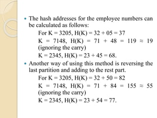  The hash addresses for the employee numbers can
be calculated as follows:
For K = 3205, H(K) = 32 + 05 = 37
K = 7148, H(K) = 71 + 48 = 119 ≈ 19
(ignoring the carry)
K = 2345, H(K) = 23 + 45 = 68.
 Another way of using this method is reversing the
last partition and adding to the rest part.
For K = 3205, H(K) = 32 + 50 = 82
K = 7148, H(K) = 71 + 84 = 155 ≈ 55
(ignoring the carry)
K = 2345, H(K) = 23 + 54 = 77.
 