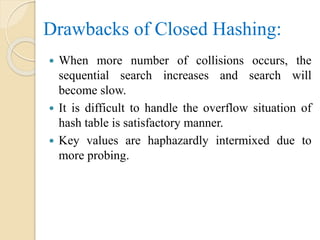 Drawbacks of Closed Hashing:
 When more number of collisions occurs, the
sequential search increases and search will
become slow.
 It is difficult to handle the overflow situation of
hash table is satisfactory manner.
 Key values are haphazardly intermixed due to
more probing.
 