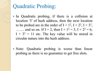 Quadratic Probing:
 In Quadratic probing, if there is a collision at
location ‘I’ of hash address, then the next location
to be probed are in the order of I + 12, I + 22, I + 32,
……. and so on. If I = 2, then I + 12 = 3, I + 22 = 6,
I + 32 = 11 etc. The key value will be stored in
circular nature into the hash address.
 Note: Quadratic probing is worse than linear
probing as there is no guarantee to get free slots.
 