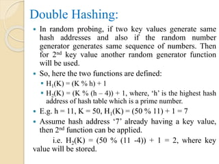Double Hashing:
 In random probing, if two key values generate same
hash addresses and also if the random number
generator generates same sequence of numbers. Then
for 2nd key value another random generator function
will be used.
 So, here the two functions are defined:
 H1(K) = (K % h) + 1
 H2(K) = (K % (h – 4)) + 1, where, ‘h’ is the highest hash
address of hash table which is a prime number.
 E.g. h = 11, K = 50, H1(K) = (50 % 11) + 1 = 7
 Assume hash address ‘7’ already having a key value,
then 2nd function can be applied.
i.e. H2(K) = (50 % (11 -4)) + 1 = 2, where key
value will be stored.
 
