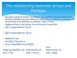  An array name by itself is an adress, and pointers can be subscripted.
Pointer variable can take different addresses as values. In contrast, an
array name is an address, or pointer, that is fixed.
 Suppose that a is an array, iis an int and p is a pointer.
 a[i] is equivalent to *(a+i)
 p[i] is equivalent to *(p+i)
 #define N 100
 int a[N], i,*p,sum=0;
 p=a; is equivalent to p=&a[0]
p=a;
for(p=a;p<&a[N];++p) for(i=0;i<N;++i) for(i=0;i<N;++i)
sum +=*p; sum +=*(a+i) sum +=p[i];
10
The relationship between arrays and
Pointers
 