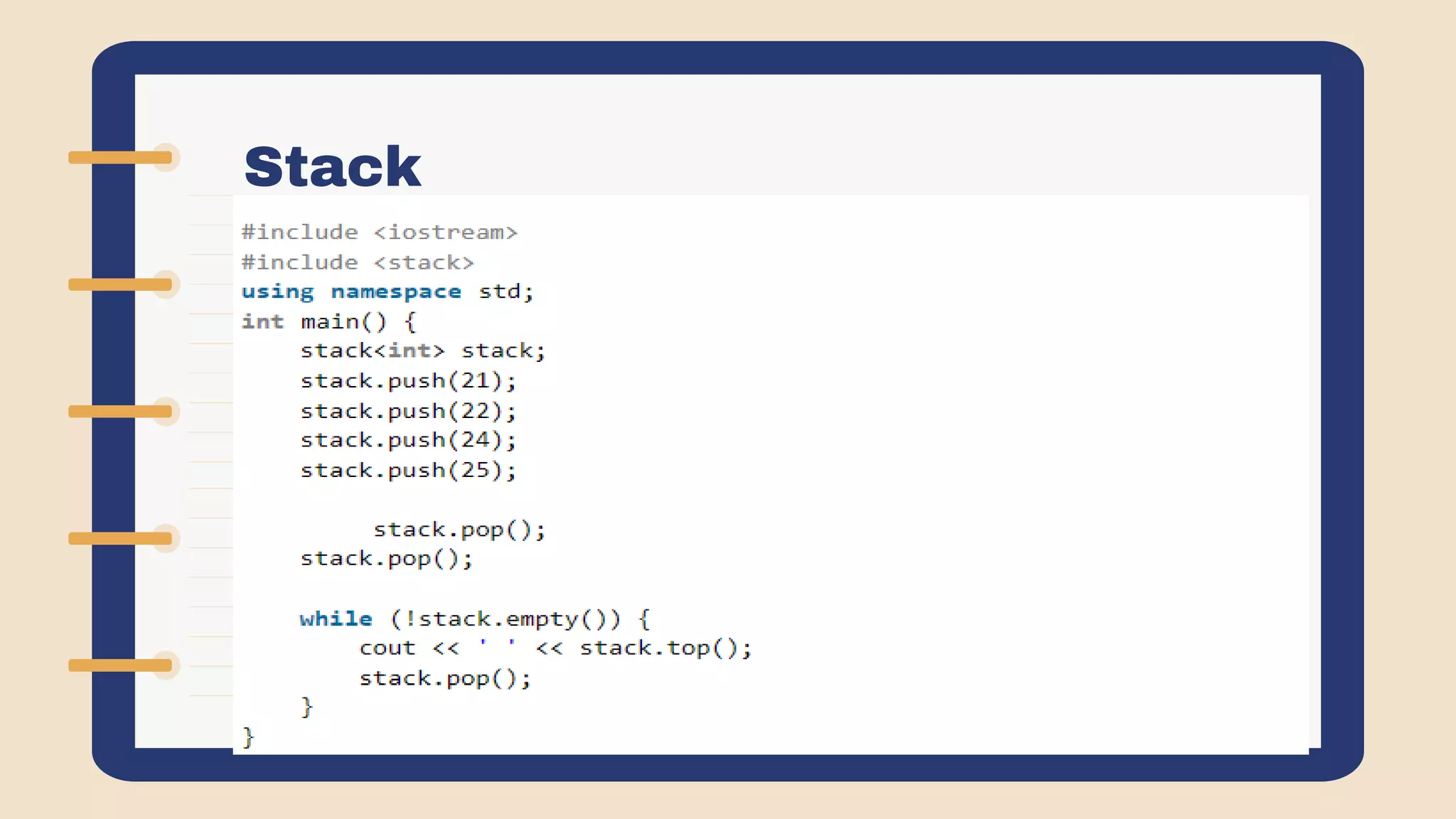 Stack
Stacks are a type of container adaptors with LIFO(Last In First
Out) type of working, where a new element is added at one end
(top) and an element is removed from that end only.
Stack uses an encapsulated object of
either vector or deque (by default) or list (sequential container
class) as its underlying container, providing a specific set of
member functions to access its elements.
 