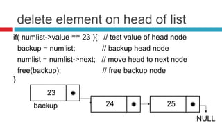 delete element on head of list
if( numlist->value == 23 ){ // test value of head node
backup = numlist; // backup head node
numlist = numlist->next; // move head to next node
23
free(backup); // free backup node
}
25
NULL
24backup
 