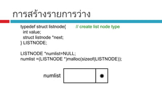 การสร้างรายการว่าง
typedef struct listnode{ // create list node type
int value;
struct listnode *next;
} LISTNODE;
LISTNODE *numlist=NULL;
numlist =(LISTNODE *)malloc(sizeof(LISTNODE));
numlist
 