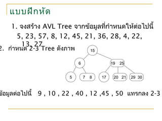แบบฝึกหัด
1. จงสร้าง AVL Tree จากข้อมูลที่กำาหนดให้ต่อไปนี้
5, 23, 57, 8, 12, 45, 21, 36, 28, 4, 22,
13, 27
2. กำาหนด 2-3 Tree ดังภาพ 15
19 256
5 7 8 17 20 21 29 30
ข้อมูลต่อไปนี้ 9 , 10 , 22 , 40 , 12 ,45 , 50 แทรกลง 2-3
 