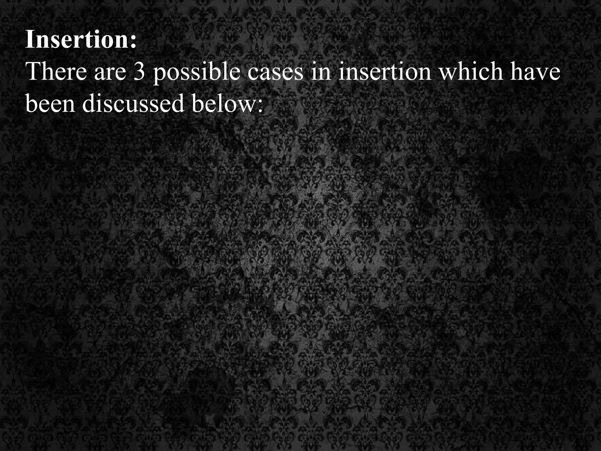 Insertion:
There are 3 possible cases in insertion which have
been discussed below:
 