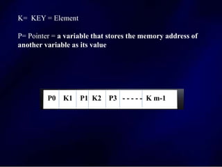 K= KEY = Element
P= Pointer = a variable that stores the memory address of
another variable as its value
P0 K1 P1 K2 P3 - - - - - K m-1
 