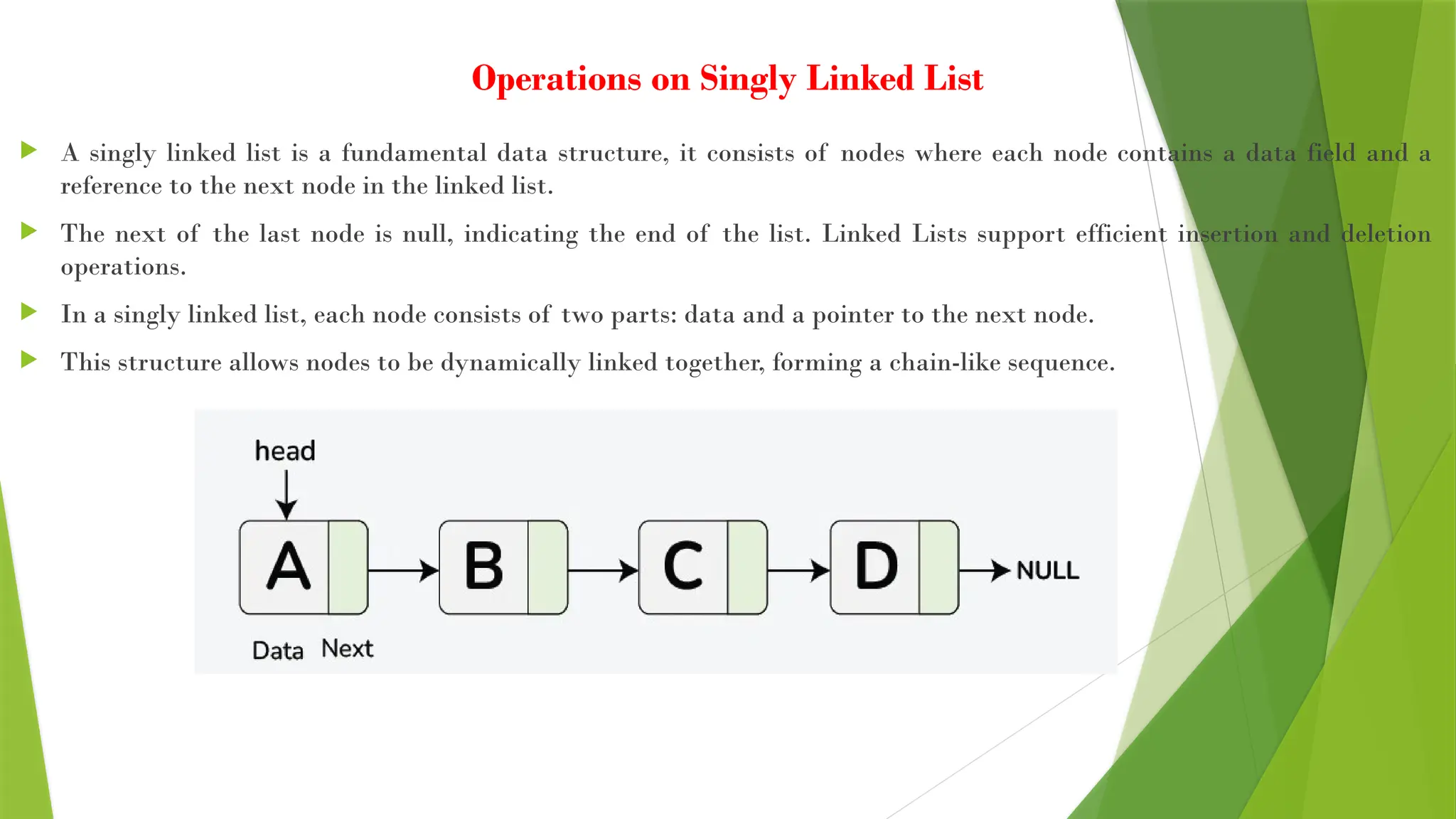 Operations on Singly Linked List
 A singly linked list is a fundamental data structure, it consists of nodes where each node contains a data field and a
reference to the next node in the linked list.
 The next of the last node is null, indicating the end of the list. Linked Lists support efficient insertion and deletion
operations.
 In a singly linked list, each node consists of two parts: data and a pointer to the next node.
 This structure allows nodes to be dynamically linked together, forming a chain-like sequence.
 