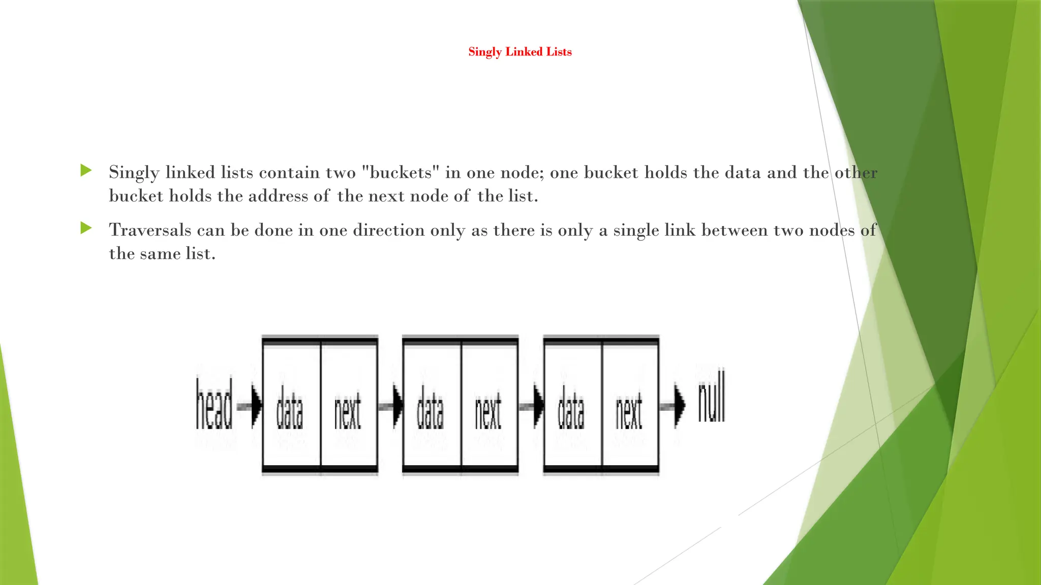 Singly Linked Lists
 Singly linked lists contain two "buckets" in one node; one bucket holds the data and the other
bucket holds the address of the next node of the list.
 Traversals can be done in one direction only as there is only a single link between two nodes of
the same list.
 