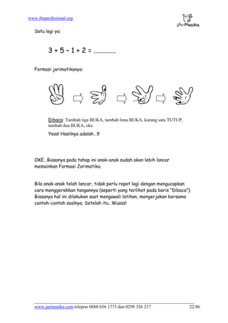 www.ibuprofesional.org
www.jarimatika.com telepon 0888 656 1773 dan 0298 326 217 22/46
Satu lagi ya:
3 + 5 – 1 + 2 = .............
Formasi jarimatikanya:
Dibaca: Tambah tiga BUKA, tambah lima BUKA, kurang satu TUTUP,
tambah dua BUKA, oke.
Yess! Hasilnya adalah…9
OKE…Biasanya pada tahap ini anak-anak sudah akan lebih lancar
memainkan Formasi Jarimatika.
Bila anak-anak telah lancar, tidak perlu repot lagi dengan mengucapkan
cara menggerakkan tangannya (seperti yang terlihat pada baris “Dibaca”).
Biasanya hal ini dilakukan saat mengawali latihan, mengerjakan bersama
contoh-contoh soalnya. Setelah itu…Wusss!
 