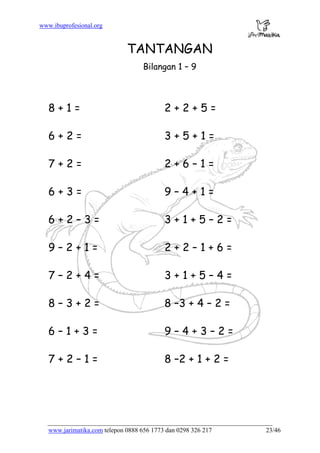 www.ibuprofesional.org
www.jarimatika.com telepon 0888 656 1773 dan 0298 326 217 23/46
TANTANGAN
Bilangan 1 – 9
8 + 1 = 2 + 2 + 5 =
6 + 2 = 3 + 5 + 1 =
7 + 2 = 2 + 6 – 1 =
6 + 3 = 9 – 4 + 1 =
6 + 2 – 3 = 3 + 1 + 5 – 2 =
9 – 2 + 1 = 2 + 2 – 1 + 6 =
7 – 2 + 4 = 3 + 1 + 5 – 4 =
8 – 3 + 2 = 8 –3 + 4 – 2 =
6 – 1 + 3 = 9 – 4 + 3 – 2 =
7 + 2 – 1 = 8 –2 + 1 + 2 =
 