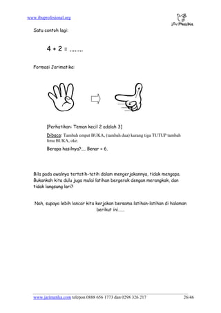 www.ibuprofesional.org
www.jarimatika.com telepon 0888 656 1773 dan 0298 326 217 26/46
Satu contoh lagi:
4 + 2 = ........
Formasi Jarimatika:
[Perhatikan: Teman kecil 2 adalah 3]
Dibaca: Tambah empat BUKA, (tambah dua) kurang tiga TUTUP tambah
lima BUKA, oke.
Berapa hasilnya?.... Benar = 6.
Bila pada awalnya tertatih-tatih dalam mengerjakannya, tidak mengapa.
Bukankah kita dulu juga mulai latihan bergerak dengan merangkak, dan
tidak langsung lari?
Nah, supaya lebih lancar kita kerjakan bersama latihan-latihan di halaman
berikut ini......
 
