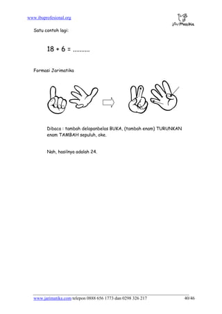 www.ibuprofesional.org
www.jarimatika.com telepon 0888 656 1773 dan 0298 326 217 40/46
Satu contoh lagi:
18 + 6 = ..........
Formasi Jarimatika
Dibaca : tambah delapanbelas BUKA, (tambah enam) TURUNKAN
enam TAMBAH sepuluh, oke.
Nah, hasilnya adalah 24.
 
