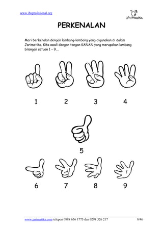 www.ibuprofesional.org
www.jarimatika.com telepon 0888 656 1773 dan 0298 326 217 8/46
PERKENALAN
Mari berkenalan dengan lambang-lambang yang digunakan di dalam
Jarimatika. Kita awali dengan tangan KANAN yang merupakan lambang
bilangan satuan 1 – 9….
1 2 3 4
5
6 7 8 9
 