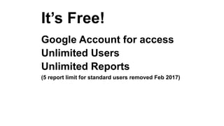 It’s Free!
Google Account for access
Unlimited Users
Unlimited Reports
(5 report limit for standard users removed Feb 2017)
 