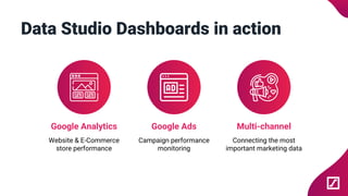 Data Studio Dashboards in action
Google Analytics
Website & E-Commerce
store performance
Google Ads
Campaign performance
monitoring
Multi-channel
Connecting the most
important marketing data
 