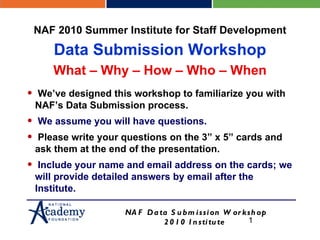 [object Object],[object Object],[object Object],[object Object],NAF 2010 Summer Institute for Staff Development Data Submission Workshop What – Why – How – Who – When 