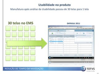 Usabilidade no produto
    Manufatura após análise da Usabilidade passou de 30 telas para 1 tela




  30 telas no EMS                                    DATASUL 2011




REDUÇÃO DE TEMPO EM NAVEGAÇÃO
                                                                            10
 