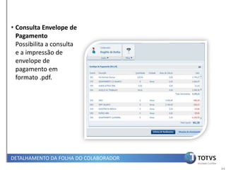 • Consulta Envelope de
  Pagamento
  Possibilita a consulta
  e a impressão de
  envelope de
  pagamento em
  formato .pdf.




DETALHAMENTO DA FOLHA DO COLABORADOR
                                       44
 