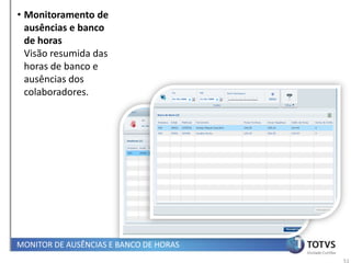 • Monitoramento de
  ausências e banco
  de horas
  Visão resumida das
  horas de banco e
  ausências dos
  colaboradores.




MONITOR DE AUSÊNCIAS E BANCO DE HORAS
                                        51
 