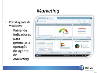 Marketing
• Portal agente de
  marketing
     Painel de
     indicadores
     para
     gerenciar a
     operação
     do agente
     de
     marketing.


                                 106
 