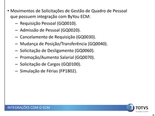 • Movimentos de Solicitações de Gestão de Quadro de Pessoal
  que possuem integração com ByYou ECM:
    – Requisição Pessoal (GQ0010).
    – Admissão de Pessoal (GQ0020).
    – Cancelamento de Requisição (GQ0030).
    – Mudança de Posição/Transferência (GQ0040).
    – Solicitação de Desligamento (GQ0060).
    – Promoção/Aumento Salarial (GQ0070).
    – Solicitação de Cargos (GQ0100).
    – Simulação de Férias (FP1802).




INTEGRAÇÕES COM O ECM
                                                              56
 