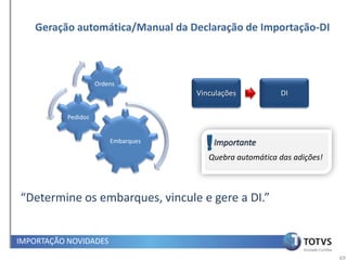 Geração automática/Manual da Declaração de Importação-DI



                     Ordens
                                     Vinculações          DI

           Pedidos


                         Embarques

                                        Quebra automática das adições!



“Determine os embarques, vincule e gere a DI.”


IMPORTAÇÃO NOVIDADES
                                                                         69
 