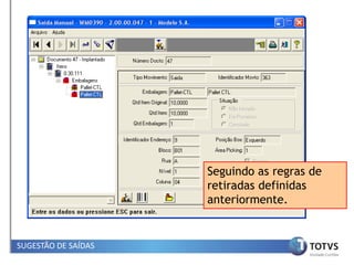 Seguindo as regras de
                     retiradas definidas
                     anteriormente.


SUGESTÃO DE SAÍDAS
 