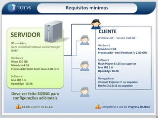 Requisitos mínimosSERVIDORCLIENTE30 usuários (sem considerar Datasul Connection for Web) HardwareDisco 120 GB Memória 4 GB Processador Intel Xeon Dual 2.00 GHz Software 	Java JRE 1.6OpenEdge  10.2BWindows XP – Service Pack 02 Hardware 	Memória 1 GBProcessador  Intel Pentium IV 2.80 GHzSoftware 	Flash Player 9.115 ou superior Java JRE 1.6OpenEdge 10.2BNavegadores Internet Explorer 7  ou superior	Firefox 2.0.0.12 ou superior Deve ser feito SIZING para configurações adicionaisObrigatório o uso do Progress 10.2B0264 bits a partir da 11.2.010