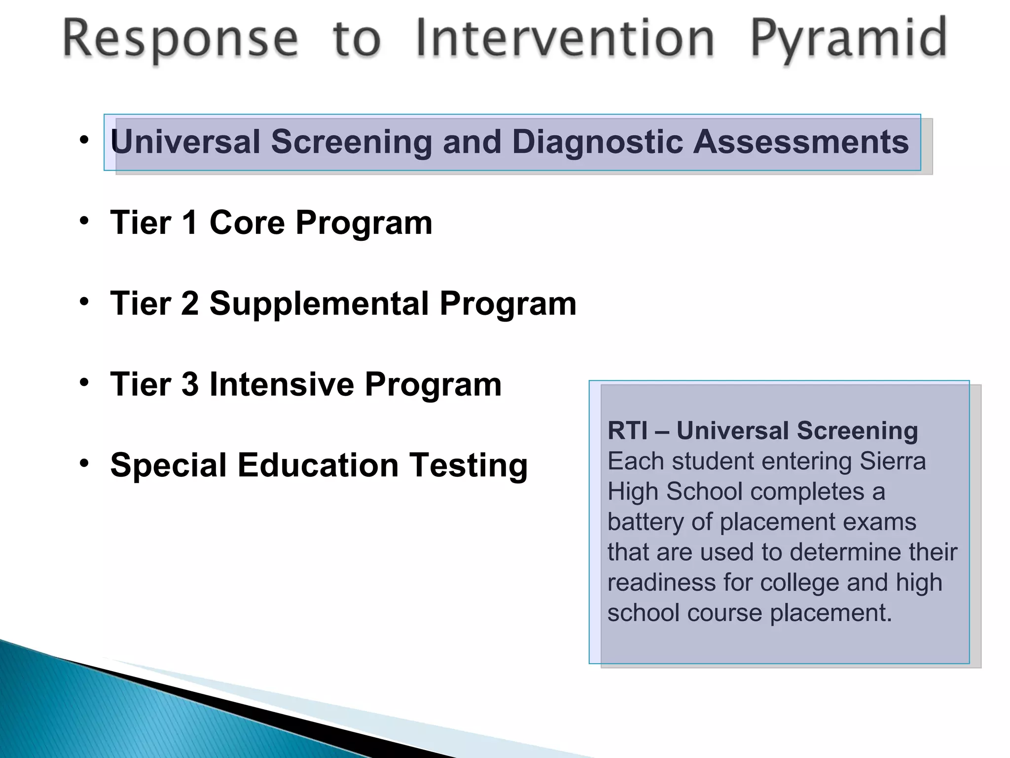 RTI – Universal Screening Each student entering Sierra High School completes a battery of placement exams that are used to determine their readiness for college and high school course placement. Universal Screening and Diagnostic Assessments Tier 1 Core Program Tier 2 Supplemental Program Tier 3 Intensive Program Special Education Testing 