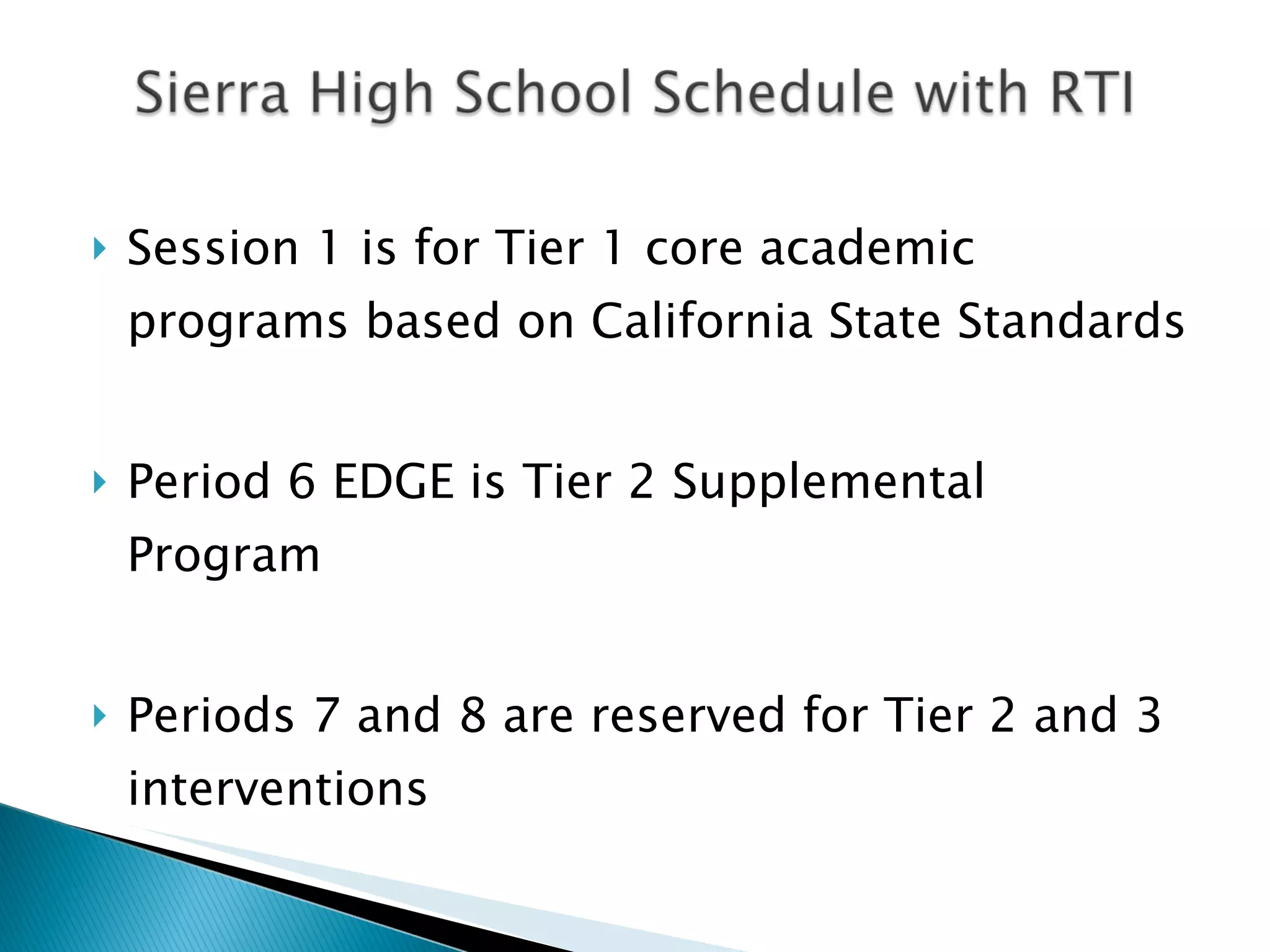 Session 1 is for Tier 1 core academic programs based on California State Standards Period 6 EDGE is Tier 2 Supplemental Program Periods 7 and 8 are reserved for Tier 2 and 3 interventions 