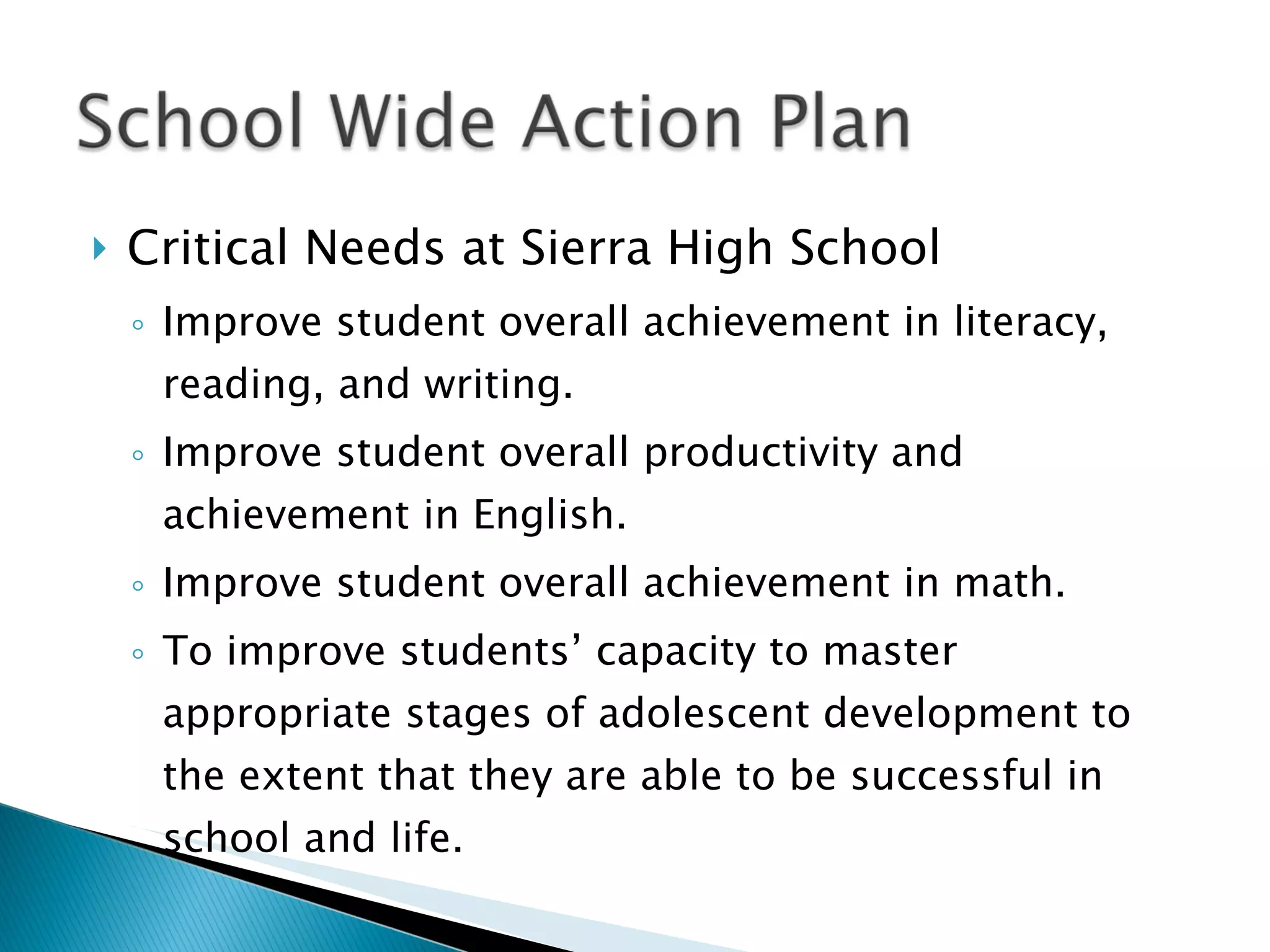 Critical Needs at Sierra High School Improve student overall achievement in literacy, reading, and writing. Improve student overall productivity and achievement in English. Improve student overall achievement in math. To improve students ’ capacity to master appropriate stages of adolescent development to the extent that they are able to be successful in school and life. 