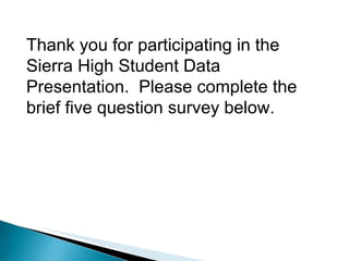 Thank you for participating in the Sierra High Student Data Presentation.  Please complete the brief five question survey below. 