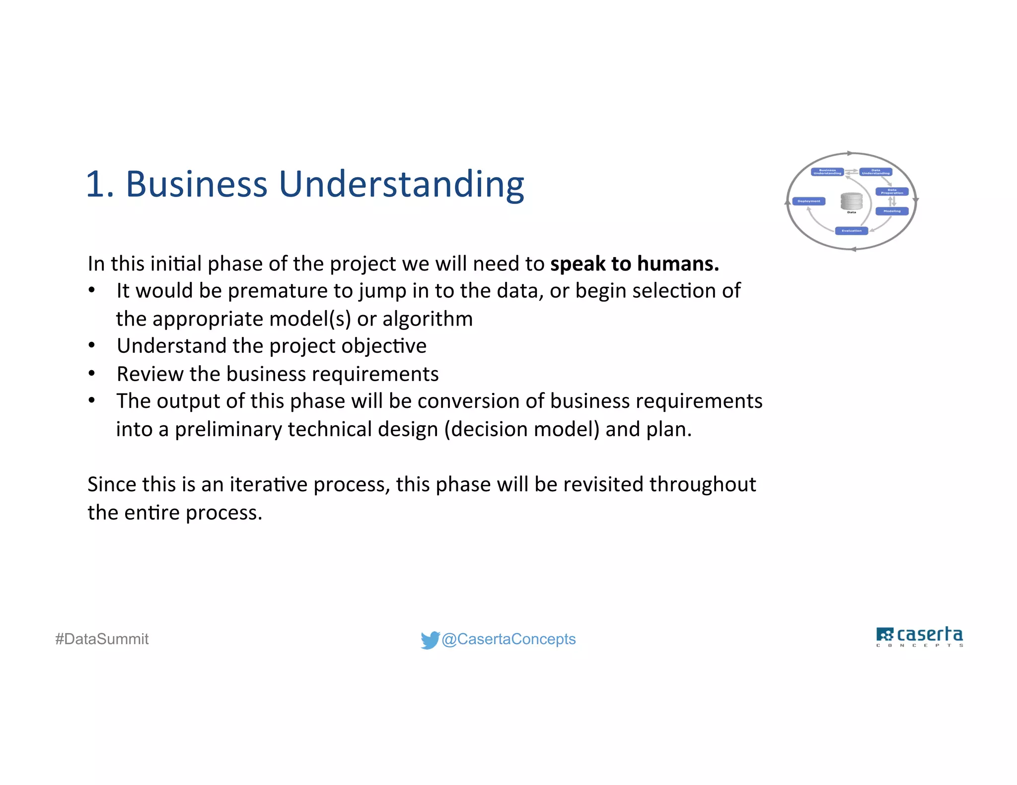 @CasertaConcepts#DataSummit
1. Business Understanding
In this initial phase of the project we will need to speak to humans.
• It would be premature to jump in to the data, or begin selection of
the appropriate model(s) or algorithm
• Understand the project objective
• Review the business requirements
• The output of this phase will be conversion of business requirements
into a preliminary technical design (decision model) and plan.
Since this is an iterative process, this phase will be revisited throughout
the entire process.
 