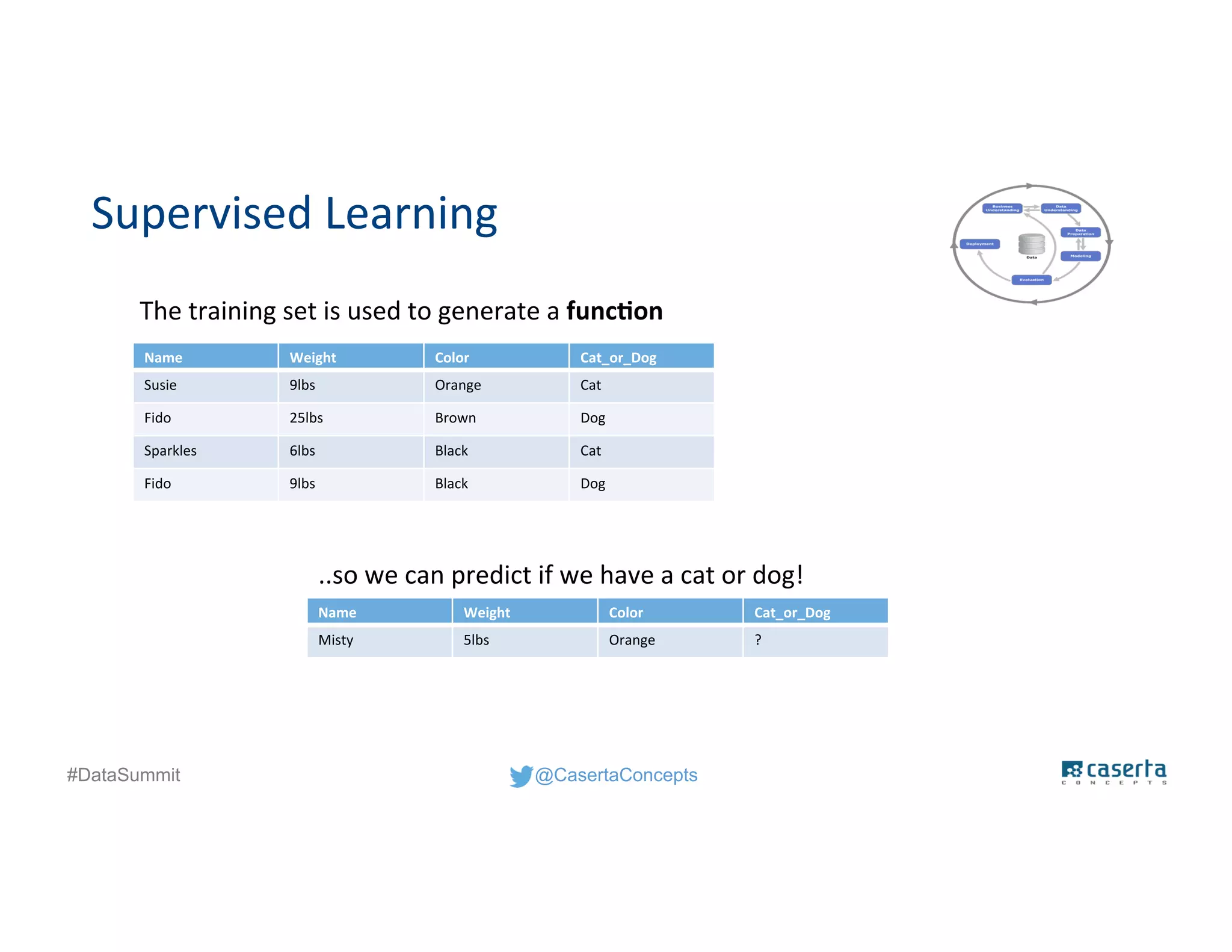 @CasertaConcepts#DataSummit
Supervised Learning
Name Weight Color Cat_or_Dog
Susie 9lbs Orange Cat
Fido 25lbs Brown Dog
Sparkles 6lbs Black Cat
Fido 9lbs Black Dog
Name Weight Color Cat_or_Dog
Misty 5lbs Orange ?
The training set is used to generate a function
..so we can predict if we have a cat or dog!
 