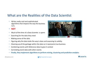 @CasertaConcepts#DataSummit
What are the Realities of the Data Scientist
— Searching for the data they need
— Making sense of the data
— Figuring why the data looks the way is does and assessing its validity
— Cleaning up all the garbage within the data so it represents true business
— Combining events with Reference data to give it context
— Correlating event data with other events
— Finally, they implement algorithms to perform mining, clustering and predictive analytics
— Writes really cool and sophisticated
algorithms that impacts the way the business
runs.
— Much of the time of a Data Scientist is spent:
— NOT
 