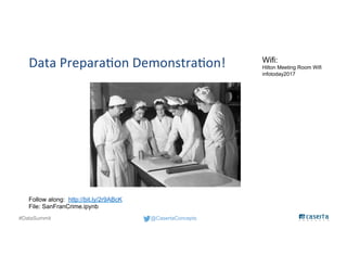 @CasertaConcepts#DataSummit
Data Preparation Demonstration! Wifi:
Hilton Meeting Room Wifi
infotoday2017
Follow along: http://bit.ly/2r9ABcK
File: SanFranCrime.ipynb
 