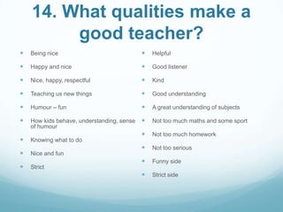 14. What qualities make a
good teacher?


Being nice



Helpful



Happy and nice



Good listener



Nice, happy, respectful



Kind



Teaching us new things



Good understanding



Humour – fun



A great understanding of subjects



How kids behave, understanding, sense
of humour



Not too much maths and some sport



Not too much homework



Not too serious



Funny side



Strict side



Knowing what to do



Nice and fun



Strict

 