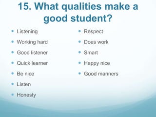 15. What qualities make a
good student?
 Listening

 Respect

 Working hard

 Does work

 Good listener

 Smart

 Quick learner

 Happy nice

 Be nice

 Good manners

 Listen

 Honesty

 
