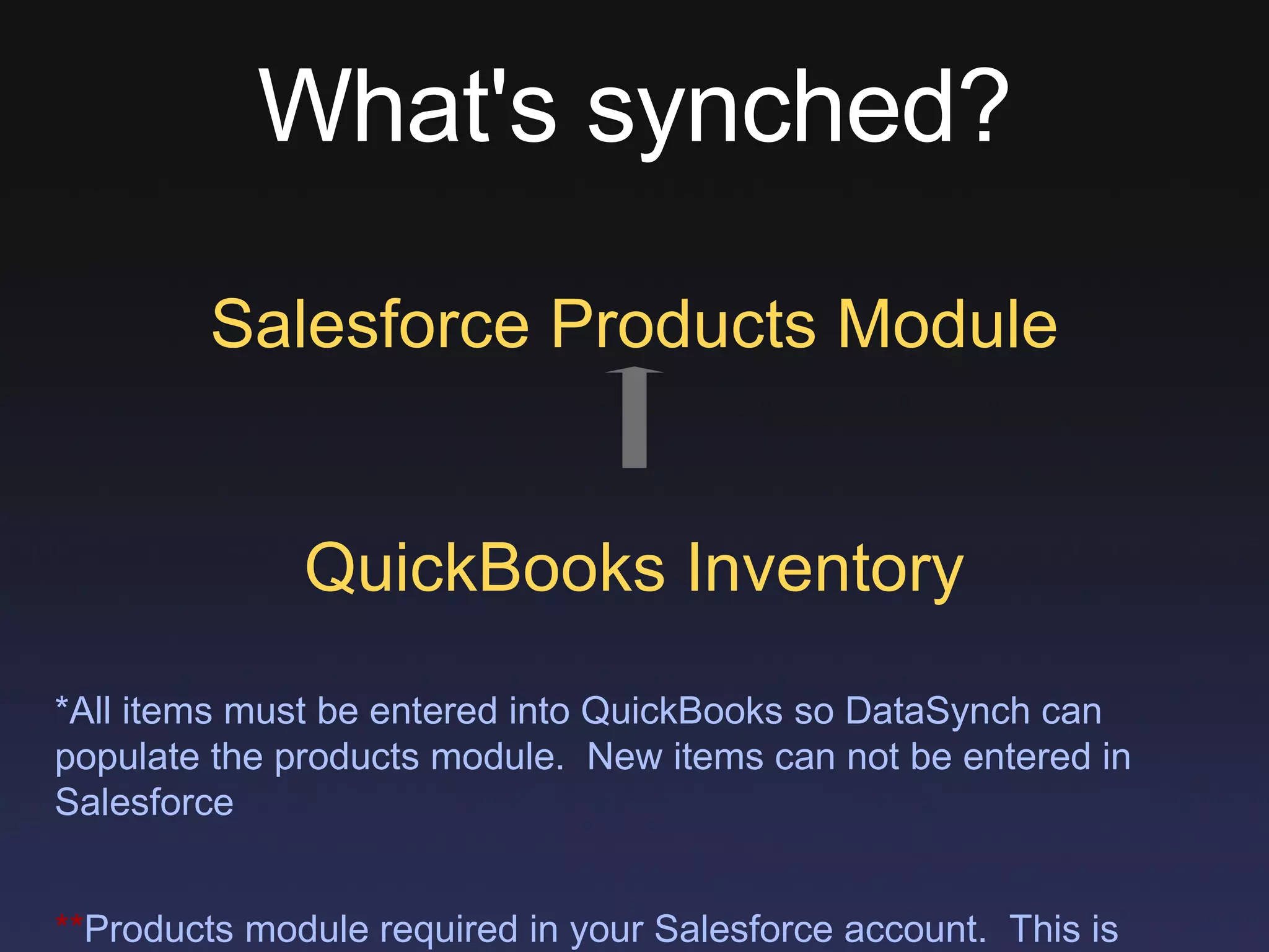 What's synched? Salesforce Products Module QuickBooks Inventory *All items must be entered into QuickBooks so DataSynch can populate the products module.  New items can not be entered in Salesforce ** Products module required in your Salesforce account.  This is standard in Enterprise Edition but costs $120 extra per user per year to Salesforce 