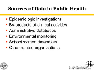 Sources of Data in Public Health Epidemiologic investigations By-products of clinical activities Administrative databases Environmental monitoring School system databases Other related organizations 