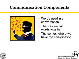 Communication Components Words used in a conversation The way we put words together The context where we have the conversation 