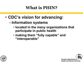What is PHIN? CDC’s vision for advancing: Information systems located in the many organizations that participate in public health making them “fully capable” and “interoperable” 