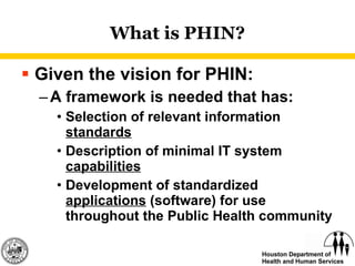What is PHIN? Given the vision for PHIN: A framework is needed that has: Selection of relevant information  standards Description of minimal IT system  capabilities Development of standardized  applications  (software) for use throughout the Public Health community 