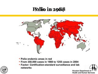 Polio in 1988 Polio in 2004 Polio endemic areas in red From 350,000 cases in 1988 to 1255 cases in 2004 Factor: Certification-standard surveillance and lab networks 