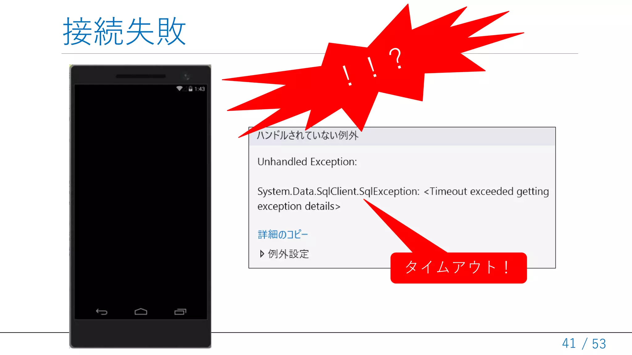 / 53
接続失敗
41
タイムアウト！
 